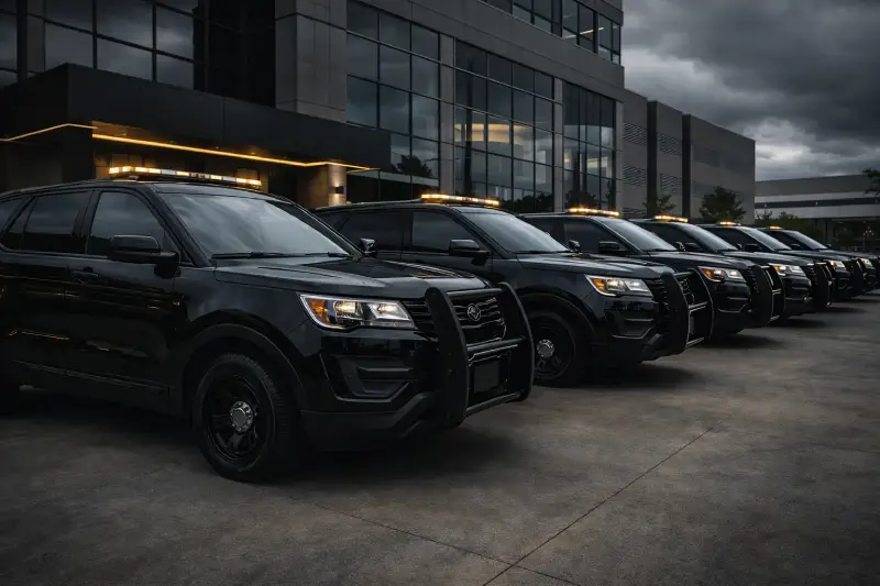 Fleet of security SUVs in formation in Dallas