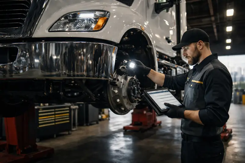Technician inspecting elevated semi-truck in Dallas