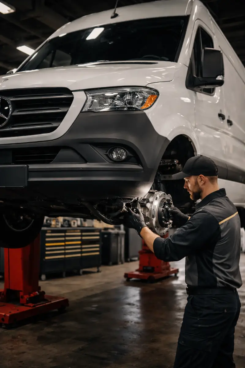 Technician performing detailed inspection on Mercedes-Benz Sprinter van
